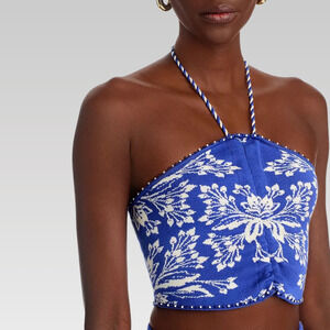 FARM RIO Delicate Tapestry Knit Top NEW Women's sz Medium Off-White Blue Floral